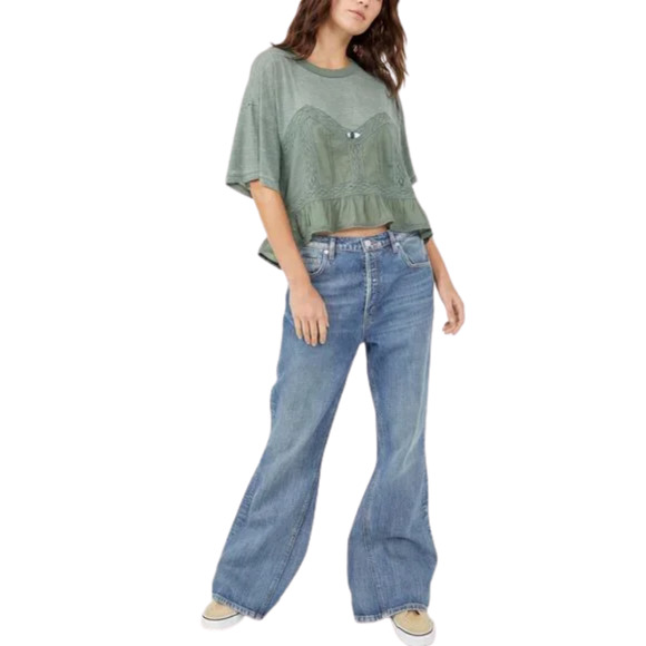 NEW Free People Fall In Love Lace Ruffle Tee Washed Army Green Womens Size M NWT - Picture 4 of 17